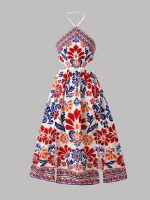 SHEIN Tween Girls' Summer Vacation Casual Floral Print Side Slit Hem Halter Dress Tween Tropical Dress Girls Tropical Dress Summer Dress Tween Girls Midi Dress Tropical Print Dress Girls Halter Midi Dress Tropical Print Midi Dress - Red - View 5