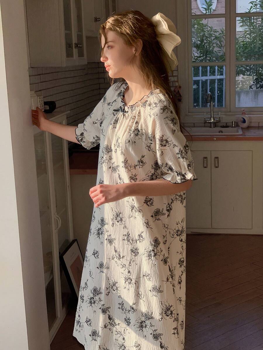 DAZY 少女碎花荷叶边纹理夏季睡裙