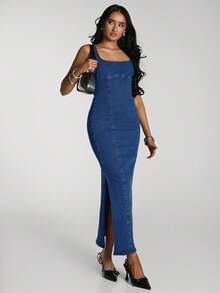 SHEIN BAE 女士优雅日常通勤方领高开衩修身牛仔连衣裙，夏季 - 中等水洗藍 - 查看 1