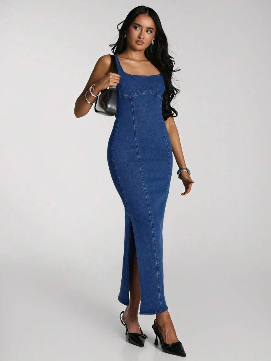 SHEIN BAE 女士优雅日常通勤方领高开衩修身牛仔连衣裙，夏季 - 中等水洗藍 - 查看 1