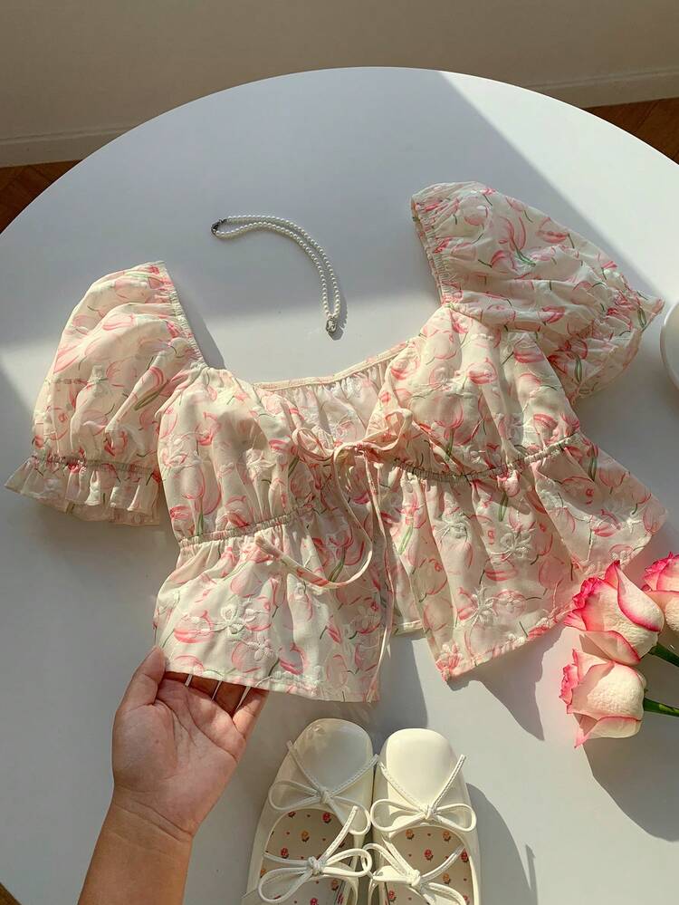 Comfortcana 花卉印花系带休闲梭织女式短袖衬衫，夏季女装 - 彩色 - 查看 3