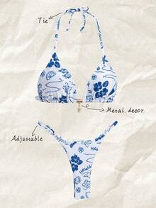 Elavelle Springbreak 女式金属装饰细肩带随机印花性感比基尼泳装套装 - 彩色 - 查看 2
