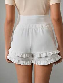 Momance Maternity Shorts With Ribbed Waistband, Faux Fly Button Decor, Pockets, Ruffle Hem, Double Layer Design - White - View 2