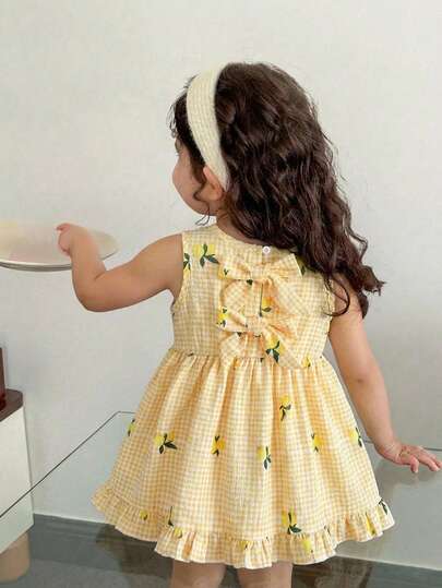 Souflis Souflis 1pc Baby Girls' Summer Striped Dress, Soft Color Gradient Sweet Atmosphere, Classic Striped Pattern Simple Yet Fashionable, Bow Decor On Back Playful And Eye-Catching, Loose Fit Comfortable, Suitable For Outdoor Walks, Lazy Home Time, Parent-Child Outings, Parties And Other Joyful Occasions