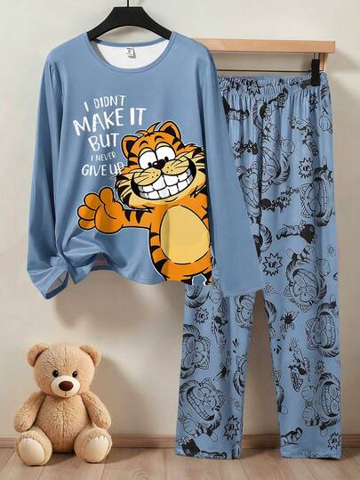 Boys' Tiger Print Knit Fabric Comfortable Soft Long Sleeve Top And Pants 2 Pieces Casual Pajama Set