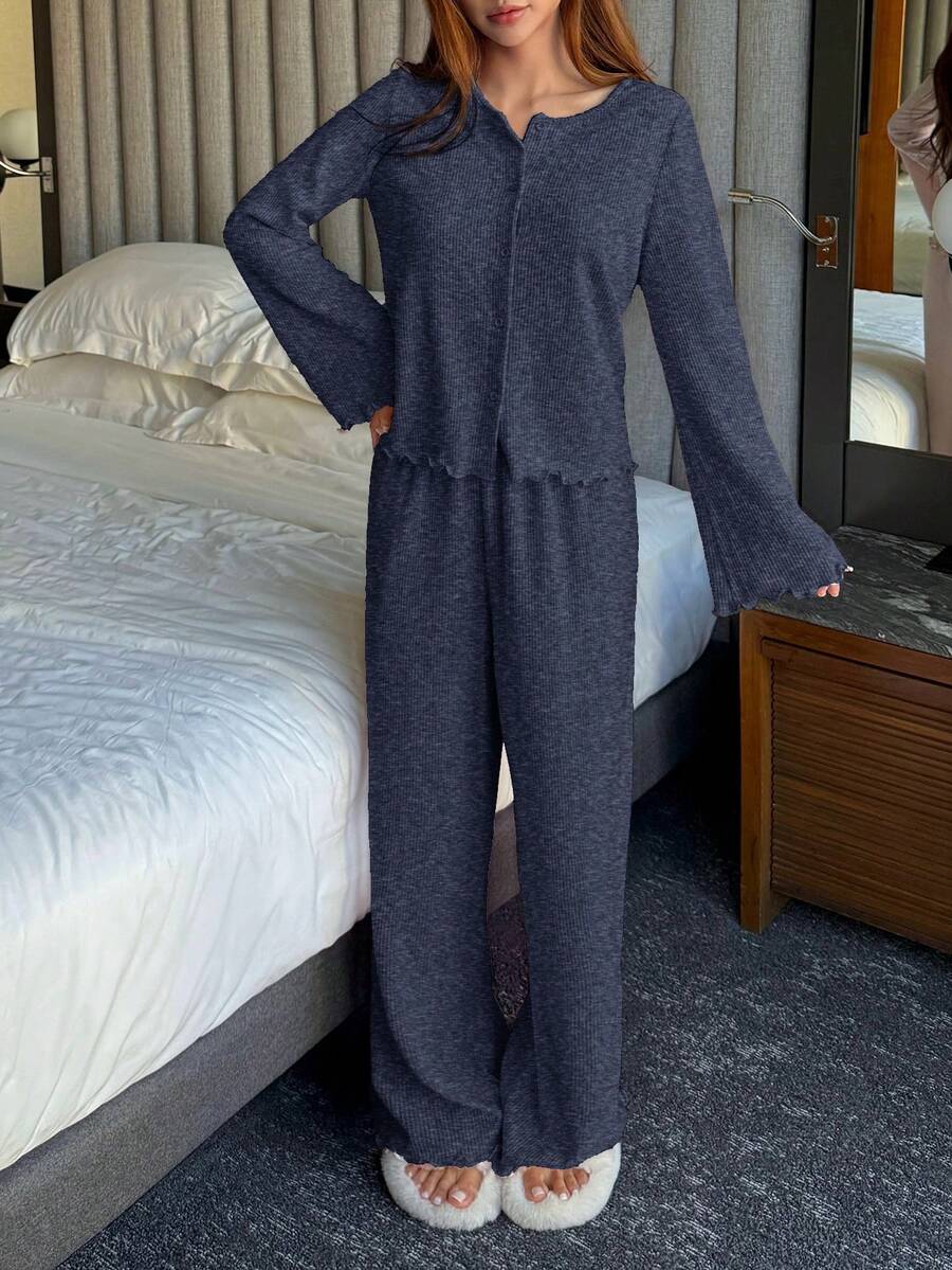 DAZY 2pcs Women Minimalist Fleece Knit Cardigan & Pants Pajama Set, Winter - Navy Blue - View 1