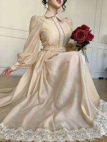 DAZY Women's Elegant Lace Patchwork Belted Long Slip Dress With Collar, 2 Pieces Set - Khaki - View 6