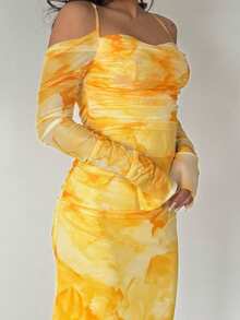 RebeccaVibe 女式优雅印花落肩带长袖连衣裙 - 黃色 - 查看 3