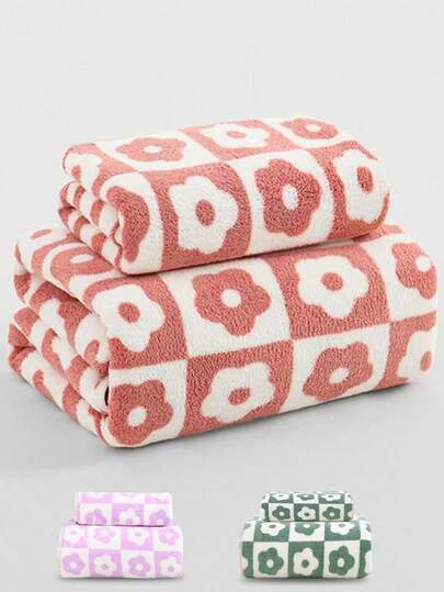 1 chiếc khăn tắm/khăn trùm đầu bằng vải lông san hô mềm mại, nhẹ, không rụng lông, in họa tiết hoa caro, thấm hút tốt, nhanh khô (Vui lòng mua theo bảng kích thước sản phẩm)