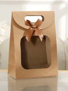 10pcs Windowed Gift Bag, Suitable For Holiday Party Gift Wrapping, Hand-Held Transparent Flip-Top Gift Bag - Khaki - View 4