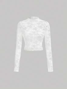 Tween Girl Elegant Lace Sheer Long Sleeve Fitted Blouse - White - View 2