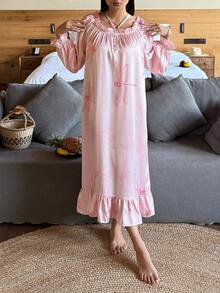 DAZY Romantic Dragonfly Print Satin Off-Shoulder Loose Women Nightgown - Pink - View 8