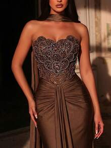 Glamrae Elegant Luxurious Beaded Bubble Floral Sequin Patchwork Elastic Knit Swimsuit Fabric Ruched Mermaid Skirt, Suitable For Weddings, Parties, Vacations, Galas, Evening Dresses (Heavy-Duty) - Brown - View 7