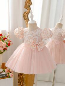 Glamorique Kids Baby Girls' Pink Summer Elegant Birthday Princess Party Dress,Jacquard Hem Mesh Patchwork Bubble Short Sleeve Round Neck,Waist Bow Decor,Flower Girl - Pink - View 8