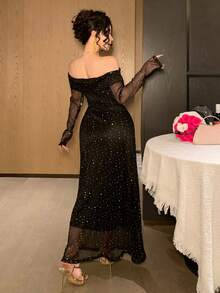 DAZY 优雅露肩中长连衣裙，收腰设计，适合婚礼、派对、正式场合，春夏闪亮连衣裙 - 黑色 - 查看 2