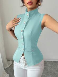 Selianne 复古风格前中心装饰纽扣女式衬衫 - 淺藍色 - 查看 4