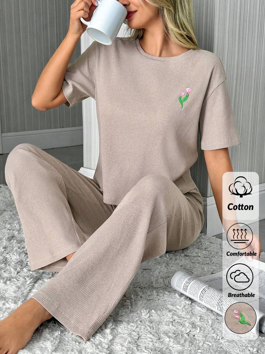 EURMUSE Women Cotton 2 Pcs Colourful Flower Embroidery Detail Short Sleeved Shirt&Long Pants Homewear Lounge Set - Beige - View 1