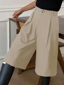 DAZY 女士纯色褶裥口袋七分裤，休闲复古秋冬Y2K风格 - 杏色 - 查看 5