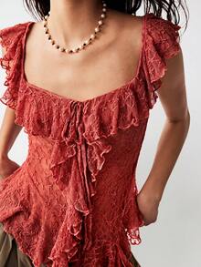 Bohemela Áo kiểu nữ thanh lịch màu trơn dệt kim ren cổ vuông xếp nếp vạt bất đối xứng - trái cam - Xem 6