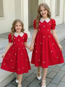 SHEIN 少女优雅红色撞色彼得潘领串珠短袖中长连衣裙 - 紅色 - 查看 4