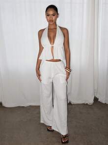 SHEIN PETITE 两件套服装，包括系带露背吊带背心和阔腿抽绳裤，适合夜店、度假、海滩、锐舞派对、夏威夷海岛度假等场合。 - 白色 - 查看 5