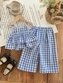 SHEIN Babygirl Summer Cute Vacation Casual Blue & White Plaid Ruffle Trim Camisole & Elastic Waist Pants Set - Blue - View 2