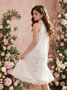 Tween Girls Elegant Floral Pattern Mesh Sequin Dress, Sleeveless Bowknot A-Line Suitable For Party, Wedding, Flower Girl - White - View 2