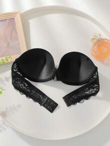 1pc Lace Patchwork Bustier Bra With Underwire - Black - View 2