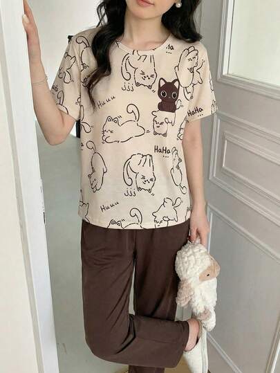 2pcs Girls Casual Cute Playful Cat Graphic Print Short Sleeve Top And Pants Comfortable Loungewear Set Cute Pajama Pants And Top Set Brown Pj Set Cat Girls Clothes Pajamas Set Two Piece