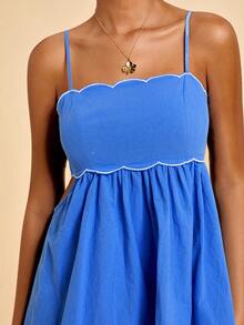 Travachic Đầm nữ mùa hè kiểu dáng thường ngày đi biển, phối ren lượn sóng tương phản, eo khoét lỗ, dây đeo vai. - Màu xanh lam - Xem 1