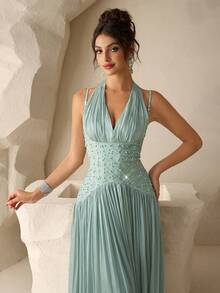 Coutiva Women's High-End Evening Dress, Elegant Sequin Shiny Elegant Luxury Halter Dress - Mint Green - View 3