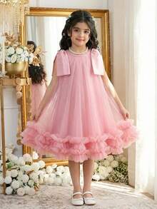 Đầm lưới không tay màu trơn dễ thương cho bé gái, có nơ ở vai, chất liệu lưới. - Hồng - Xem 7