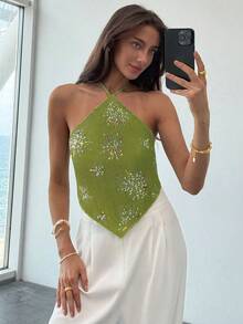 Aloruh Women's Sexy Sequin Backless Halter Top, Summer Beach Vacation Boho Tropical Raves Festival Country Concert Western Wear Summer Top - Green - View 3