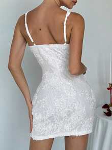 Aloruh Váy ren mini bó sát lãng mạn 3D họa tiết hoa màu trắng cho nữ, dự tiệc cưới, mùa xuân/hè - trắng - Xem 2