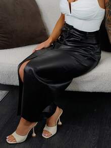 SAYEHFBABY 高腰高衩PU皮革半身裙 - 黑色 - 查看 3