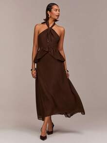 COSMINA Robe longue élégante pour femmes avec col en V sans manches, ourlet à volants, taille cintrée dans un style bohème. Idéale pour les vacances, les sorties, les soirées, les mariages sur la plage, le printemps - Café - Voir 4