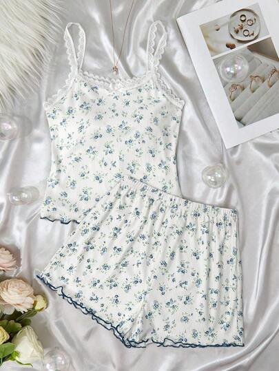 SHEIN Dozemod 儿童青少年女孩花卉图案蝴蝶结装饰吊带背心和短裤舒适休闲修身睡衣套装，2 件套，粉色