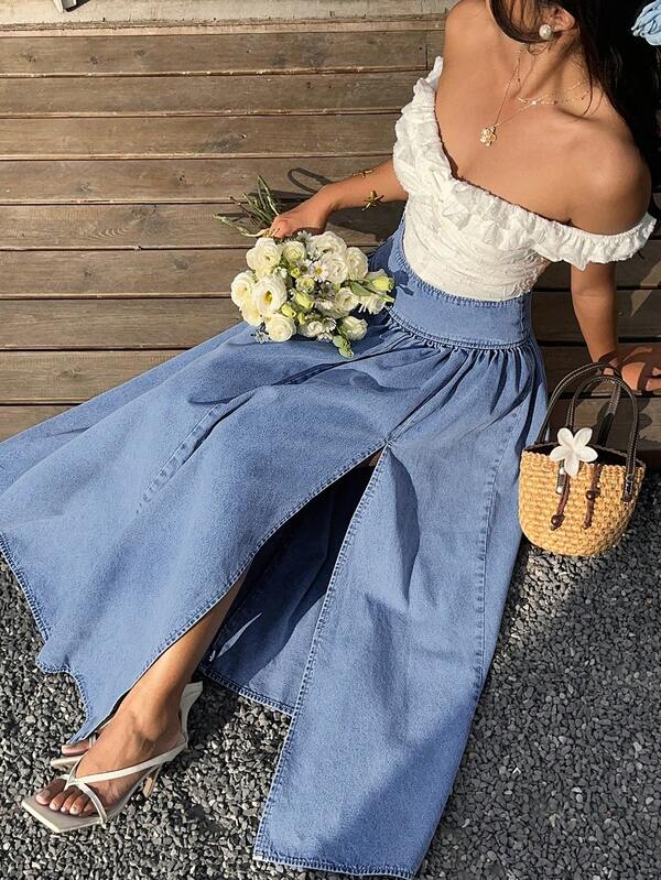 Sunnyshic Women's Solid Color High Waist Pleated Casual Long Versatile Denim Skirt