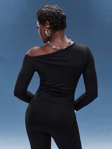 Normani 春夏音乐会外出休闲2000年代Y2K 90年代俱乐部复古锐舞音乐节老钱街头服饰嘉年华情人节嘉年华服装情人节度假优雅沙滩女孩秋冬日常必备针织弹力舒适不对称领长袖上衣 - 黑色 - 查看 5