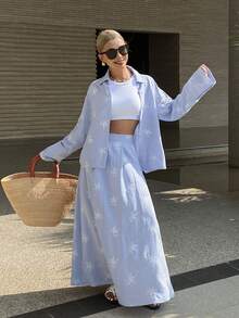 Livesso 两件套女士印花衬衫和休闲裙套装 - 藍色 - 查看 5