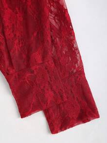 SHEIN Glamour Women Three Quarter Kimono Sleeve Red Sheer Blouse With Shawl Collar Regular Fit Sexy Patterned Top Sheer Cardigan Women Red Mesh Top Red Blouses Lace Kimono Red Lace Top - Red - View 10