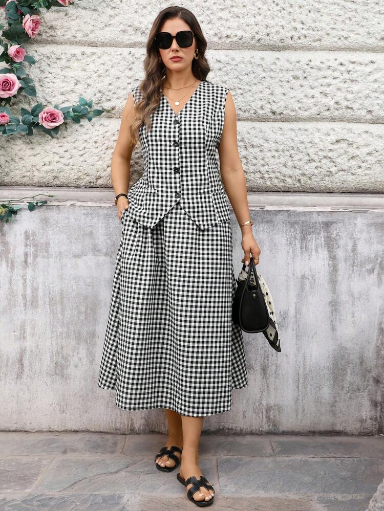 2pc Set Plus Size Women's Summer Casual Vacation  Black And White Plaid Sleeveless Vest Jacket And Skirt 2 Piece Set With Pockets, Summer Holiday,Spring Break Outfits ,Vacation Outfits Women ,Holiday Outfits For Women,Going Out Outfits,2026 New Clothes,Simple And Fashionable For Everyday Wear,Summer Skirt Sets, Summer Outfit Set For Women, Skirts Sets,Suitable For Summer, Vacation, Commute, Daily Wear