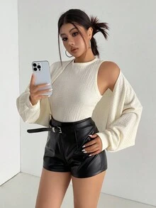 Aidyla Women's Autumn Knitted Apricot Textured Vest & Bolero Shrug Top, Casual Korean Style Top For Date Casual Apricot Women's Rib-Knit Long Sleeve Top With Round Neck And Regular Hem Women's Casual Apricot Rib-Knit Round Neck Regular Length Top With Regular Wrist-Leng - Apricot - View 3