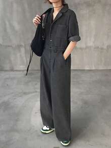 FRIFUL Women's Casual Everyday Commute Lapel Collar Slant Pocket Loose Wide Leg Denim Jumpsuit - Grey - View 7