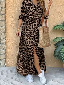 Breezaya 翻领长袖豹纹开襟长款衬衫裙女装