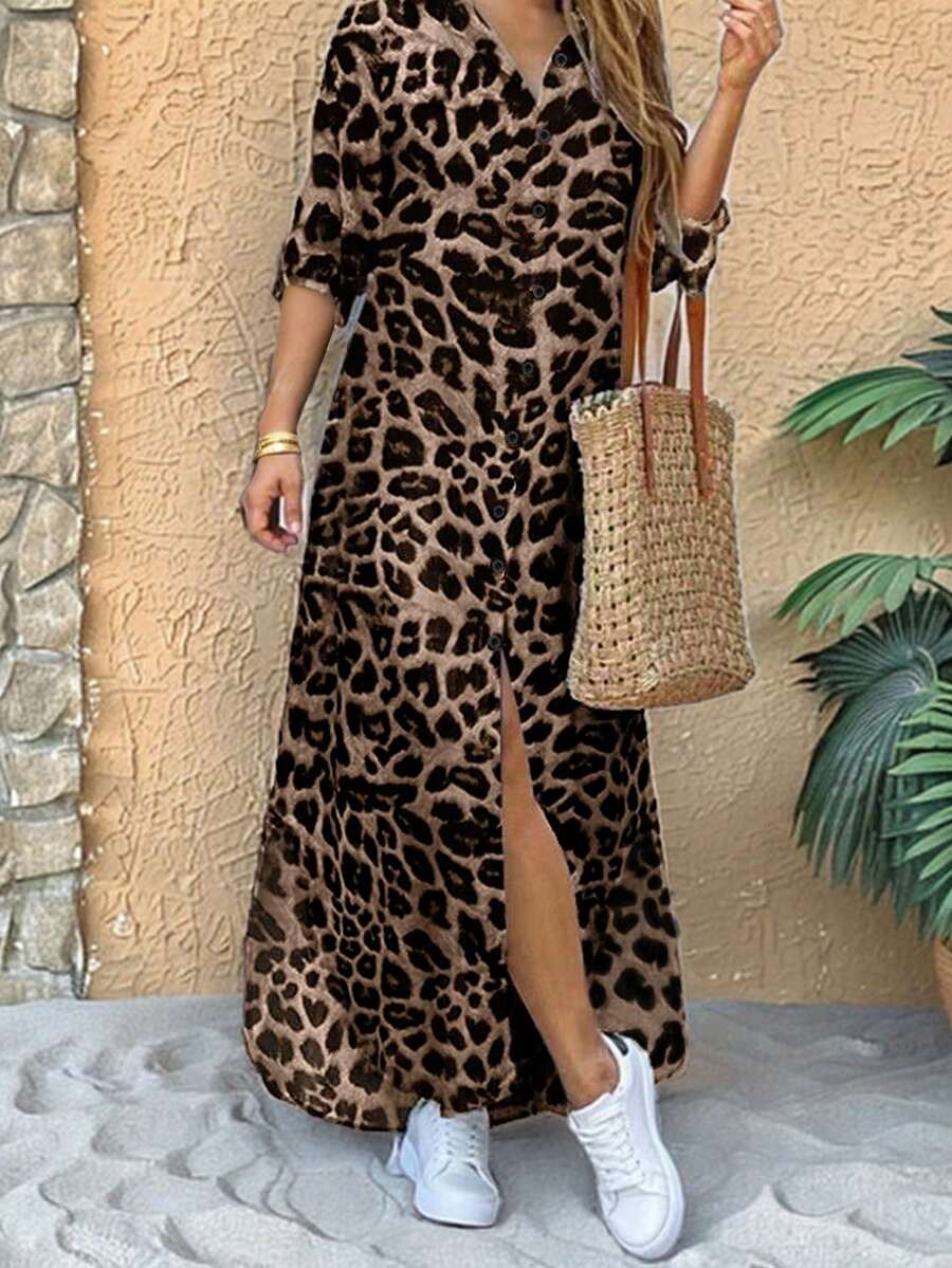 Breezaya 翻领长袖豹纹开襟长款衬衫裙女装