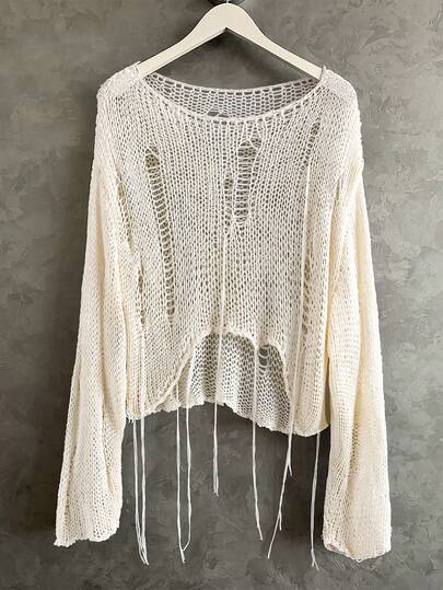 Sunspun Plus Size Women's Solid Color Sexy Sheer Ripped Flare Sleeve Y2K Style Fringe Knit Pullover Sweater, Suitable For Spring, Summer, Autumn Wear, Distressed Sweater, Suitable For Daily Commute