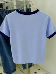 Resyla Women's Casual Rhinestone Decor Contrast Color Round Neck Short Sleeve T-Shirt, Summer - Multicolor - View 2