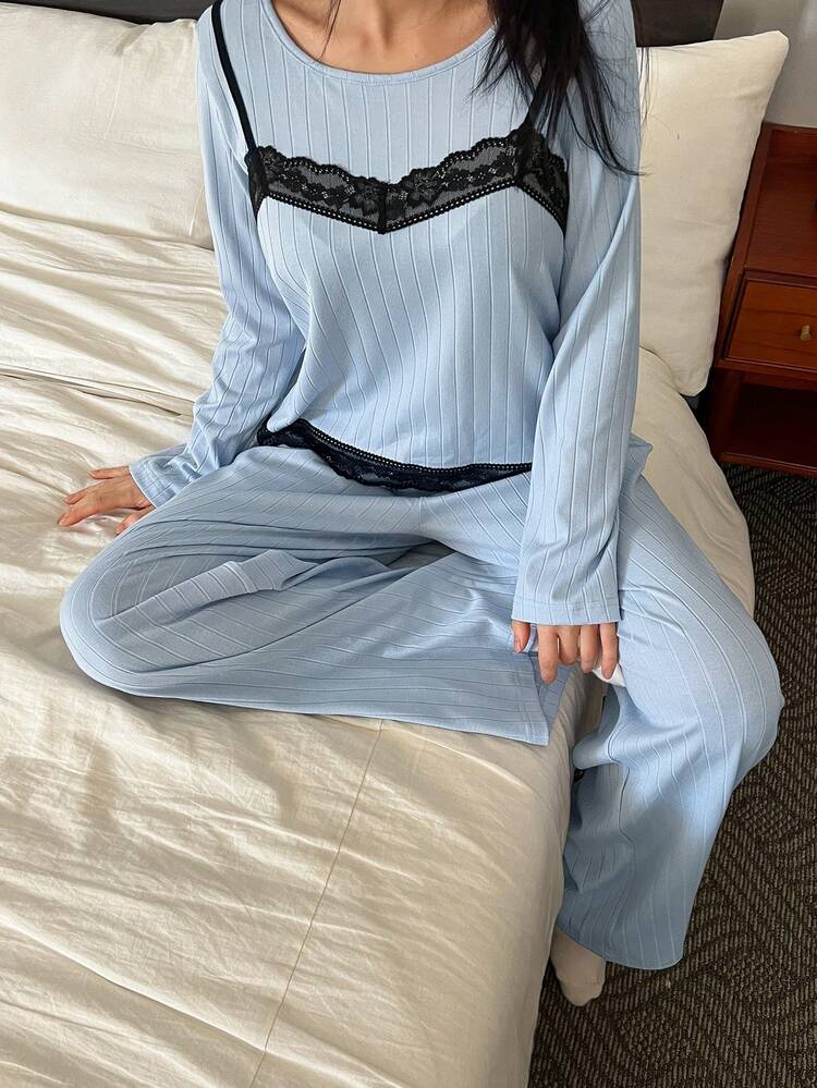 Comfortable Knit Contrast Color Lace Patchwork Women Pajama Set