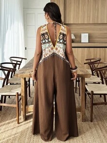 Weeklong Paisley Bohemian Print Paneled Sleeveless Jumpsuit - Retro Vacation & Daily Casual, Fashionable Plus Size, Women's Spring & Summer New Style - Multicolor - View 5